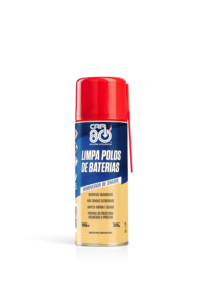 Produto spray para limpar os polos de bateria. Remover zinabre. Identifica vazamentos de baterias.